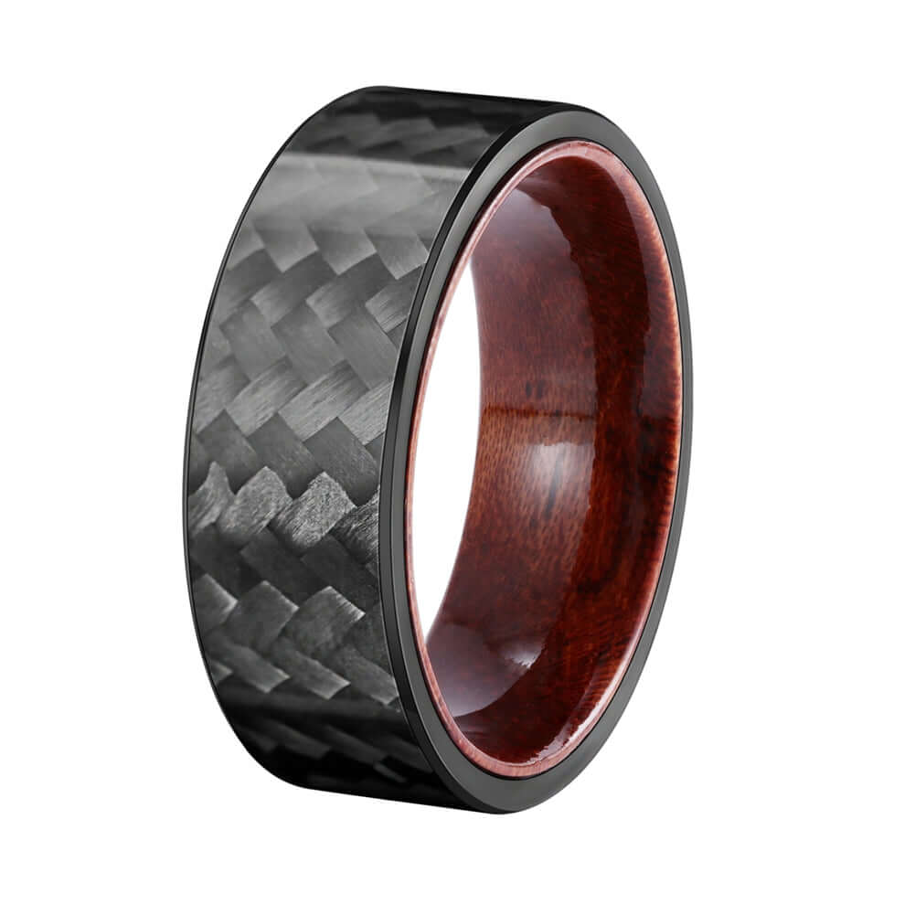 Black Texture Tungsten Carbide Ring with Carbon Fiber Wood Inlay - MUHAKA