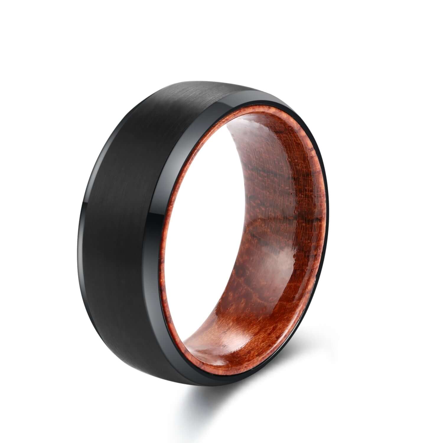 Black Tungsten Carbide Ring with Whiskey Barrel Wood Inlay - MUHAKA