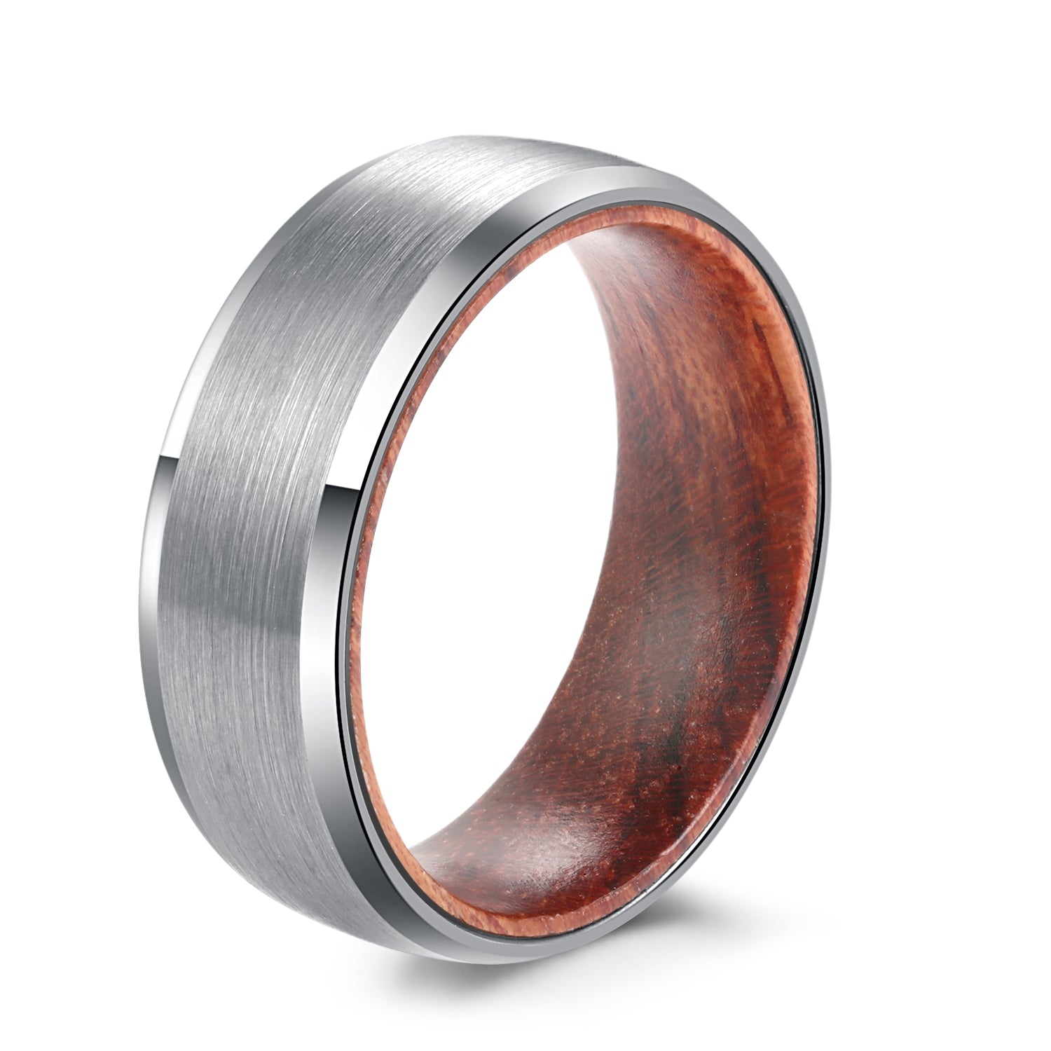 Silver Tungsten Carbide Ring with Whiskey Barrel Wood Inlay - MUHAKA