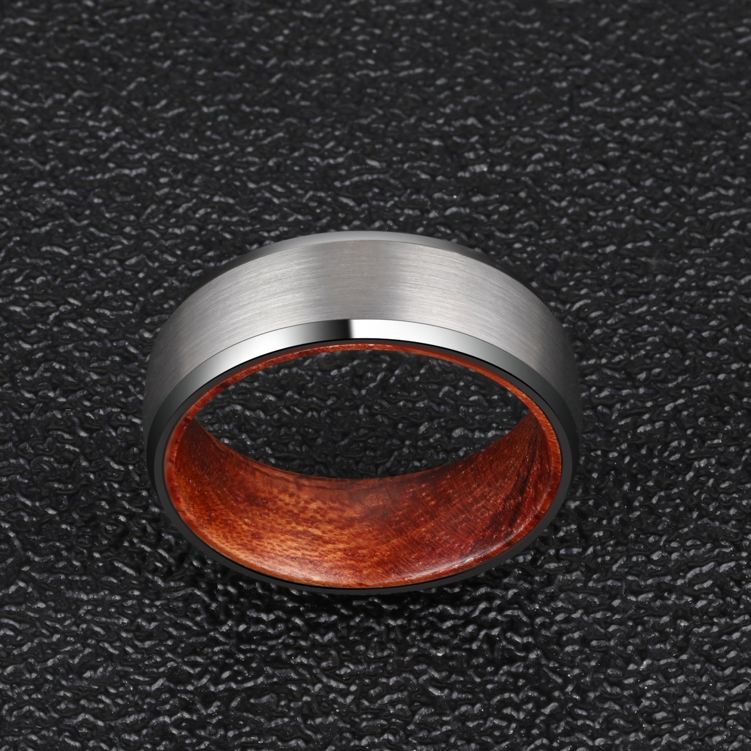 Silver Tungsten Carbide Ring with Whiskey Barrel Wood Inlay - MUHAKA