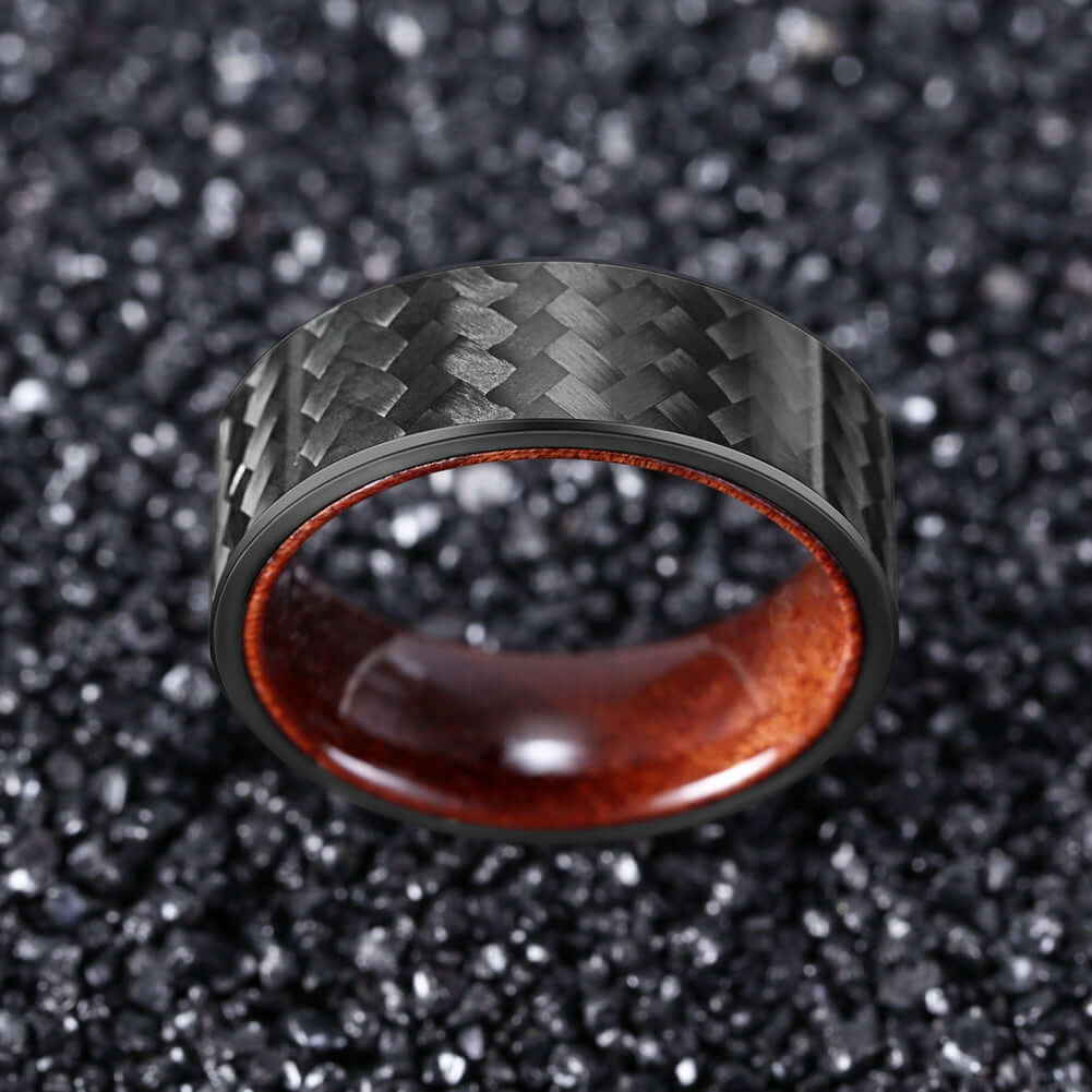 Black Texture Tungsten Carbide Ring with Carbon Fiber Wood Inlay - MUHAKA