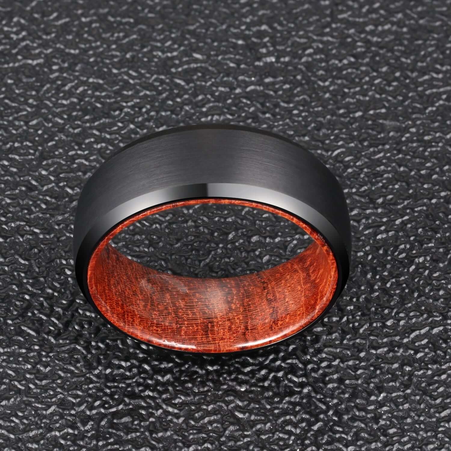 Black Tungsten Carbide Ring with Whiskey Barrel Wood Inlay - MUHAKA