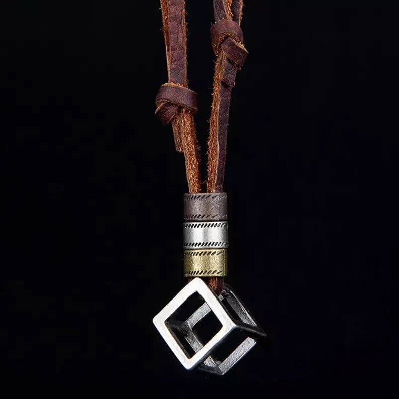 Square Pendant Leather Men Necklace With Adjustable Rope - MUHAKA