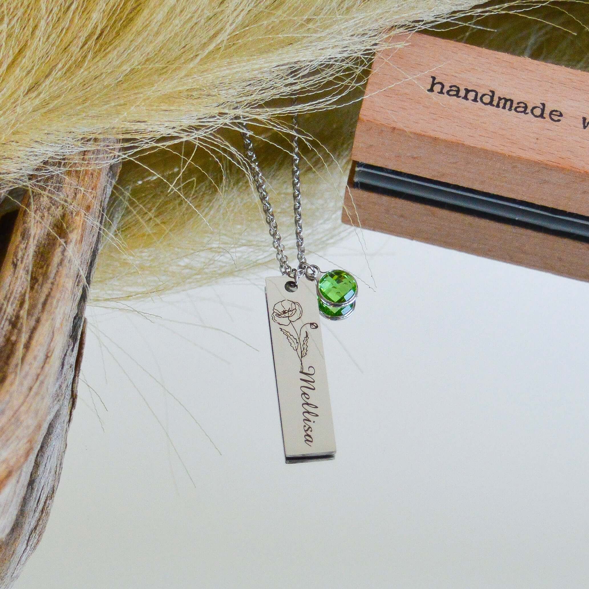 Personalized Flower Engraved Name Birthstone Bar Necklace - MUHAKA