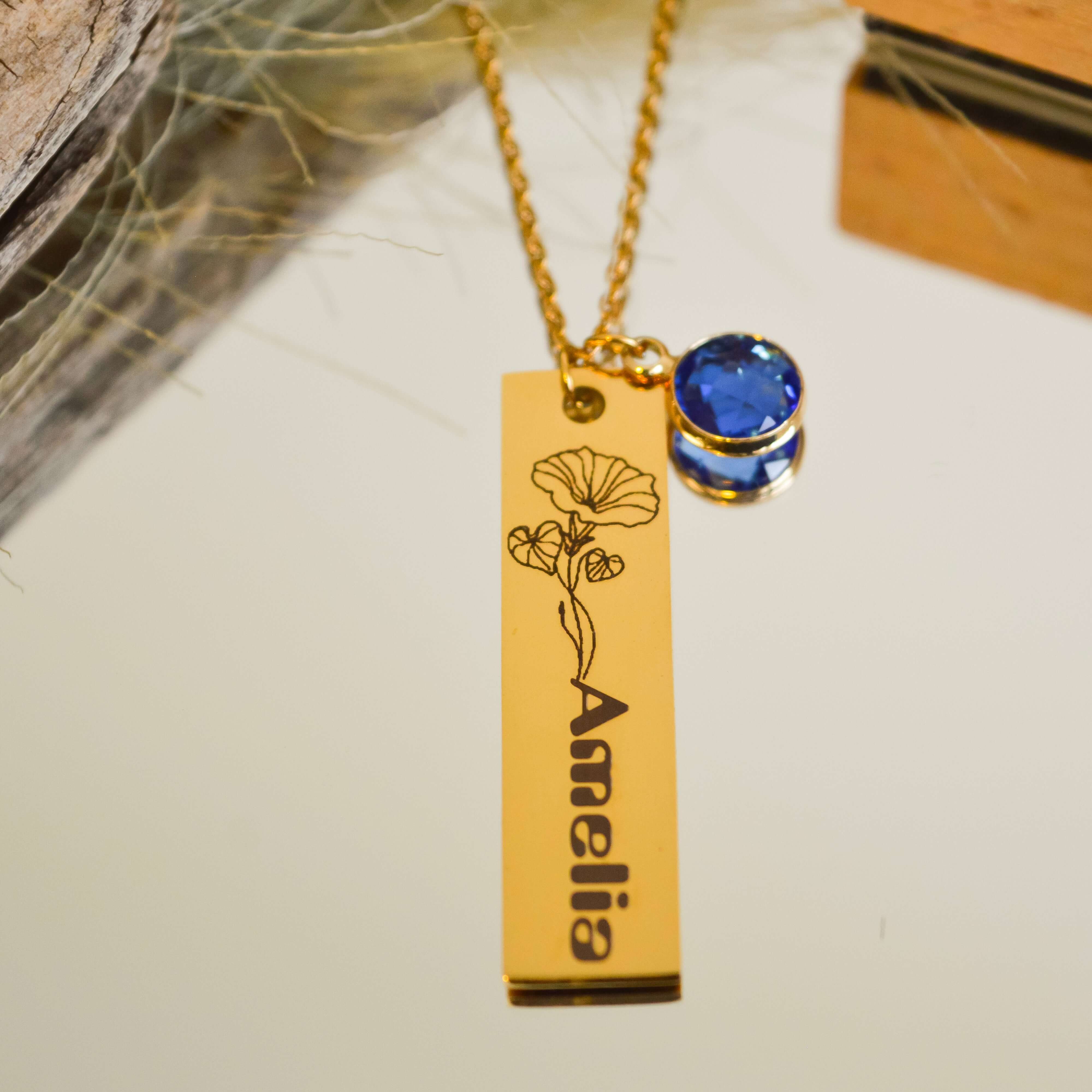 Personalized Flower Engraved Name Birthstone Bar Necklace - MUHAKA