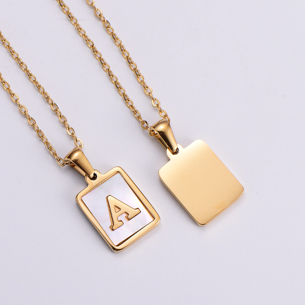 Shell Rectangular Shape 18K Gold Plated Letter Pendant Necklace