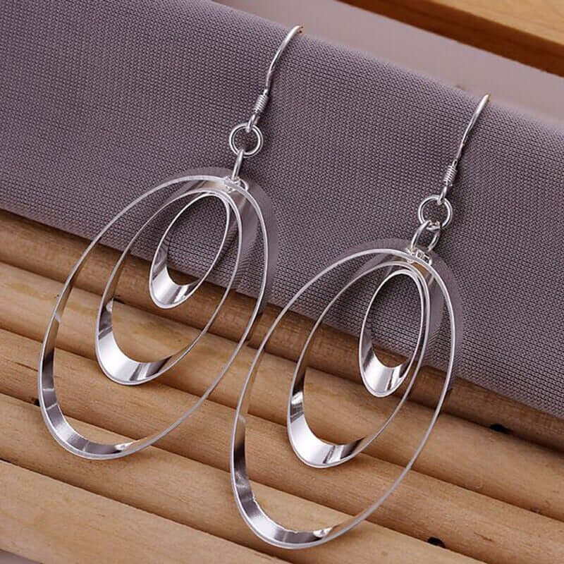 925 Sterling Silver Three Circle Long Earrings - MUHAKA