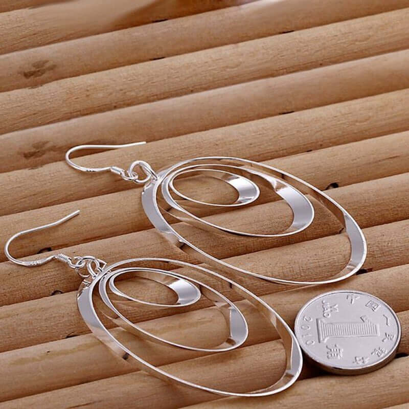 925 Sterling Silver Three Circle Long Earrings - MUHAKA