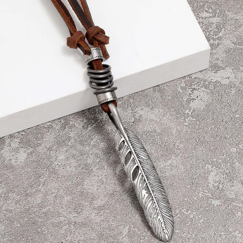 Leather Men Feather Design Pendant Necklace With Adjustable Rope - MUHAKA