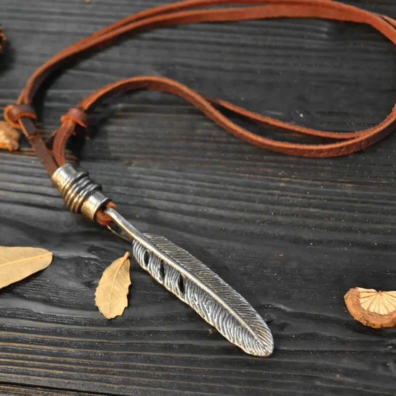 Leather Men Feather Design Pendant Necklace With Adjustable Rope - MUHAKA