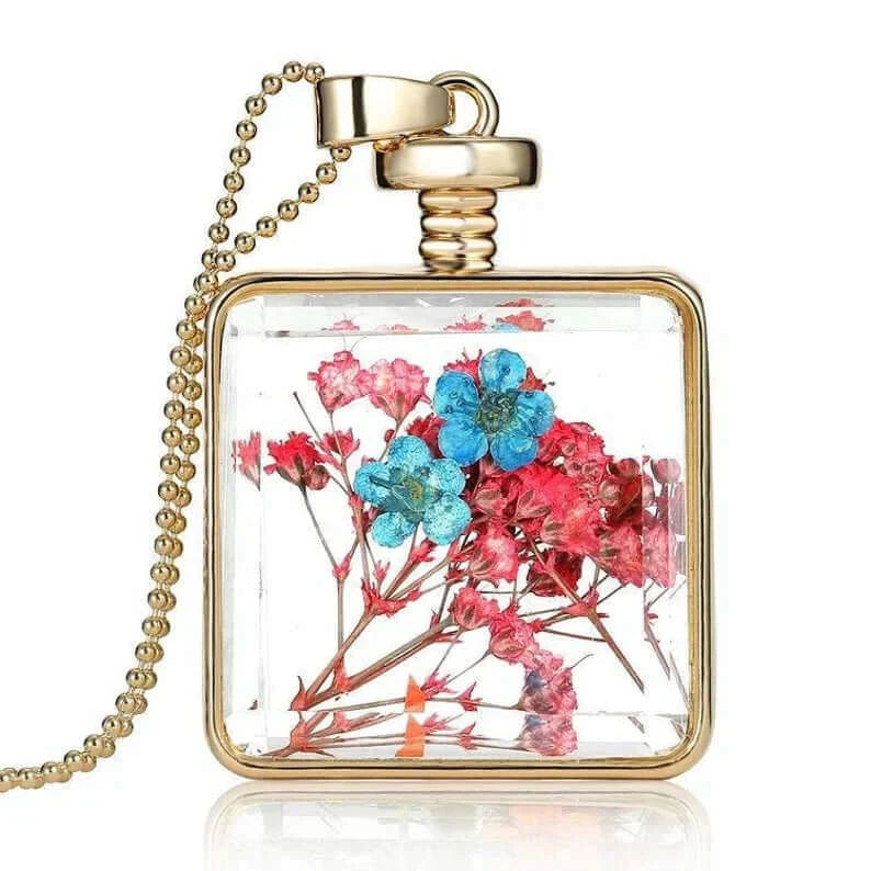 Dry Real Flower Square Pendant Necklace